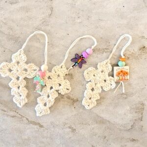 One Handmade White Crochet Cross Bookmark with Colorful Beads